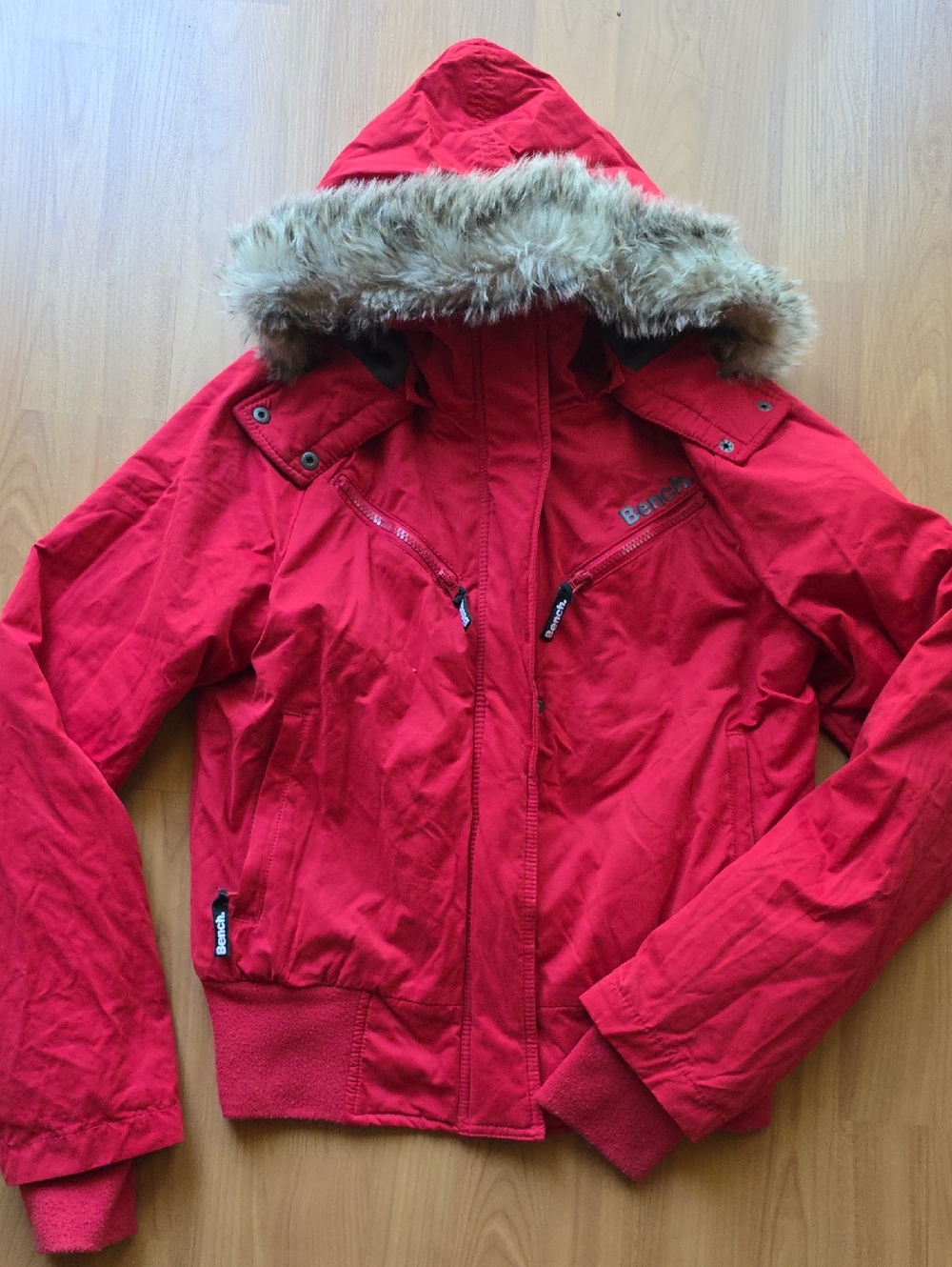 Bench Red Hooded Bomber Jacket with Faux Fur Trim